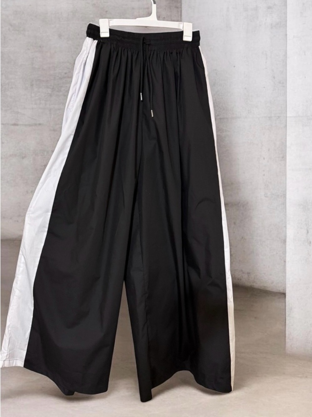 Black Wide-Leg Track Pants with White Side Panels
